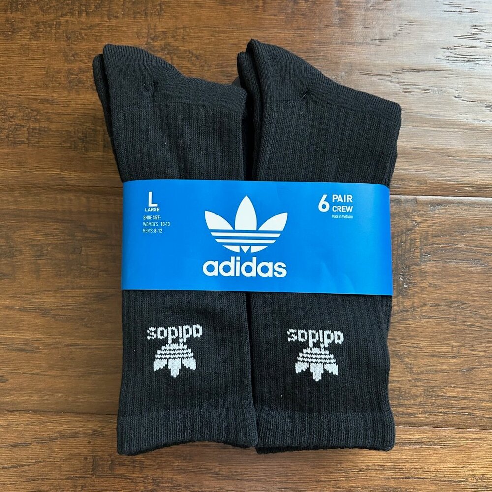 Adidas trefoil mens 6 pair black crew socks NEW in pack